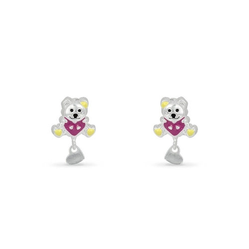 Brinco de Prata Leve Infantil Urso Esmaltado com Coração