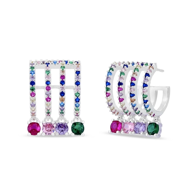 Brinco De Prata Leve Meia Argola Com Zircônias Coloridas