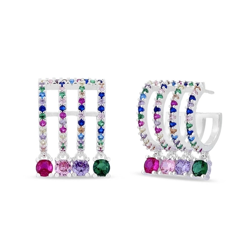 Brinco De Prata Leve Meia Argola Com Zircônias Coloridas