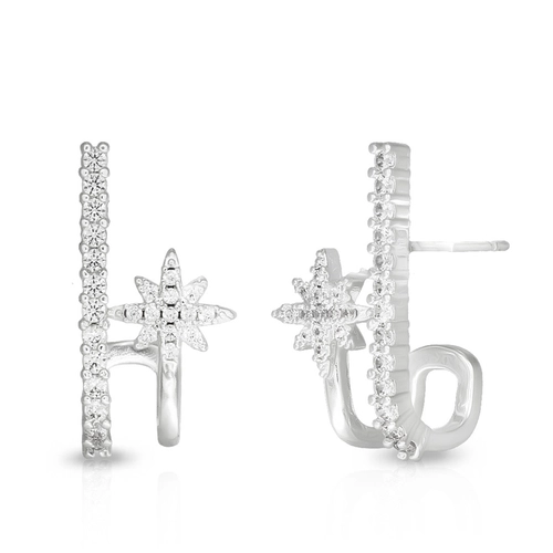 Brinco De Prata Leve  Meia Argola com Estrela e Zircônia Cristal
