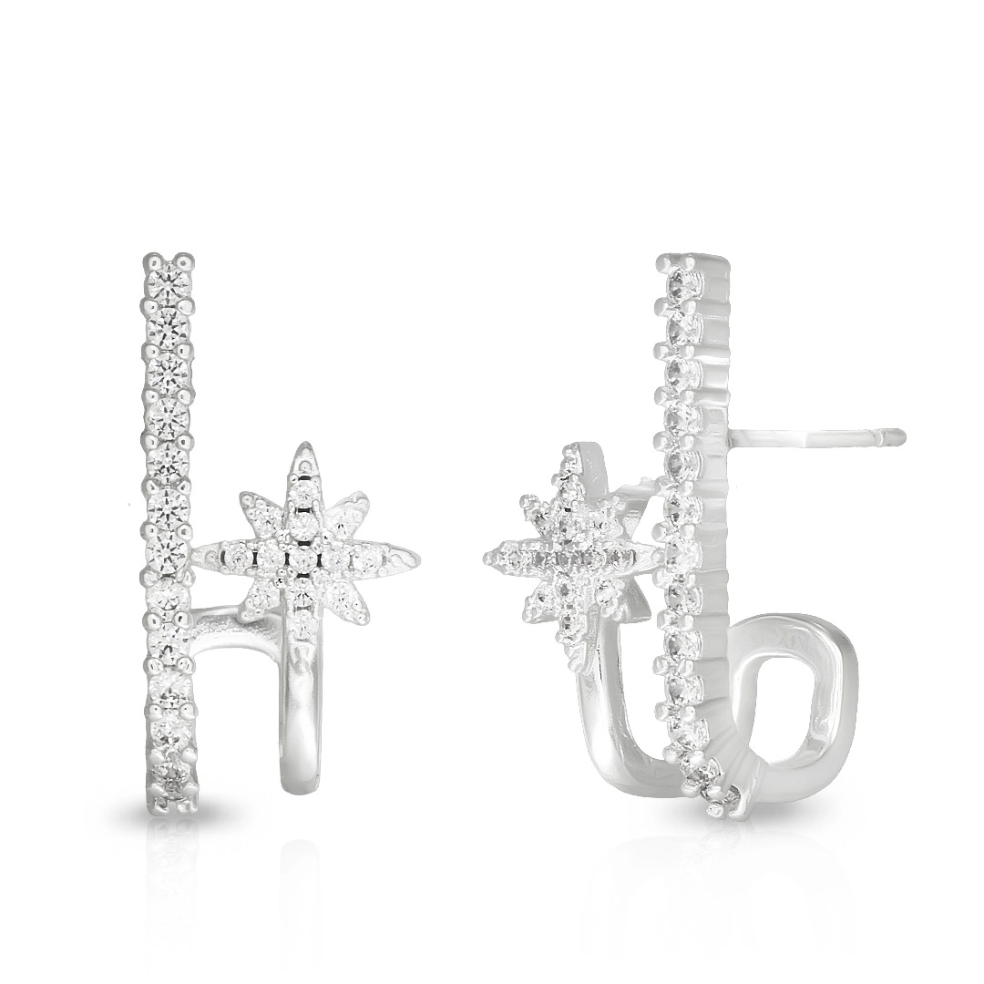 Brinco De Prata Leve  Meia Argola com Estrela e Zircônia Cristal