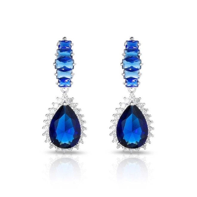 Brinco De Prata Leve Gota com Zircônia Safira e Zircônia Cristal