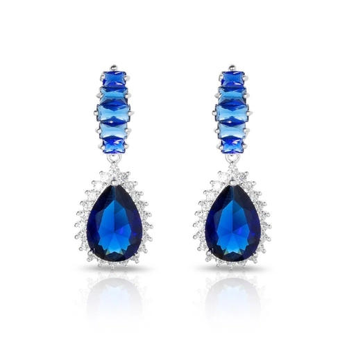 Brinco De Prata Leve Gota com Zircônia Safira e Zircônia Cristal
