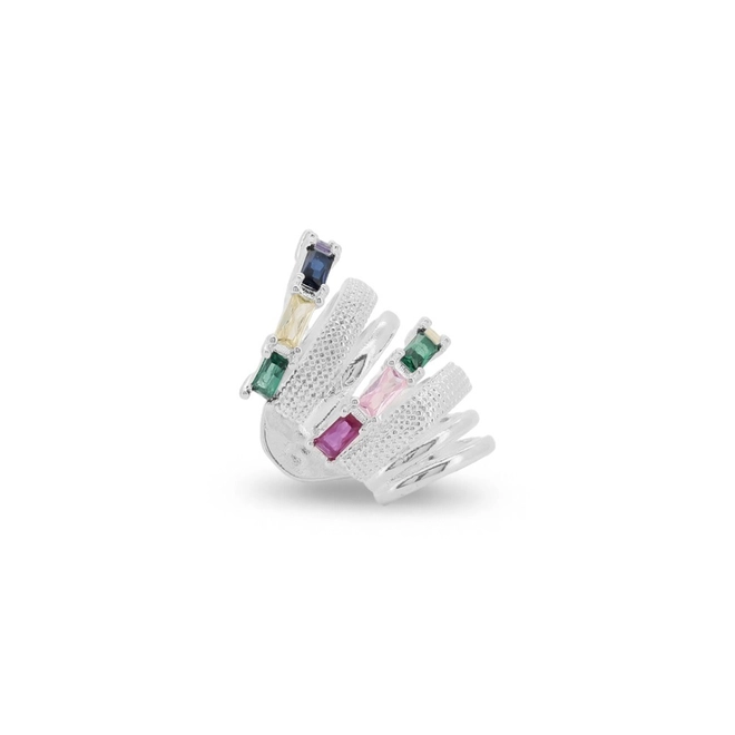 Brinco Ear Cuff de Prata Leve Sete Fios Trabalhado com Zircônias Coloridas