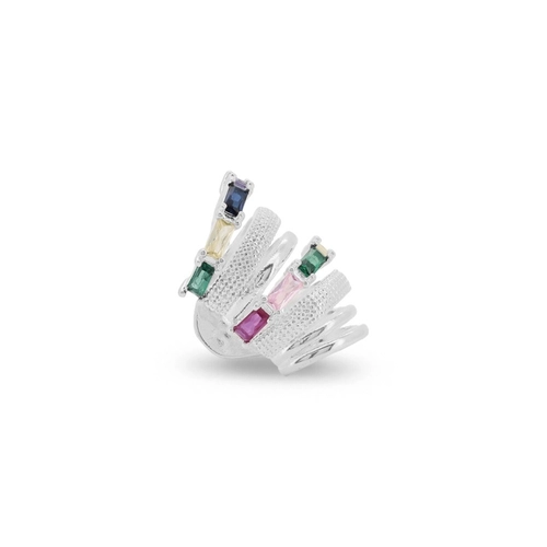Brinco Ear Cuff de Prata Leve Sete Fios Trabalhado com Zircônias Coloridas