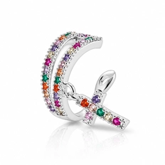 Brinco Ear Cuff Cruz Com Zircônias Coloridas (Unidade)