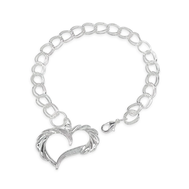 Pulseira de Prata Leve com Elos Duplos e Pingente de Coração