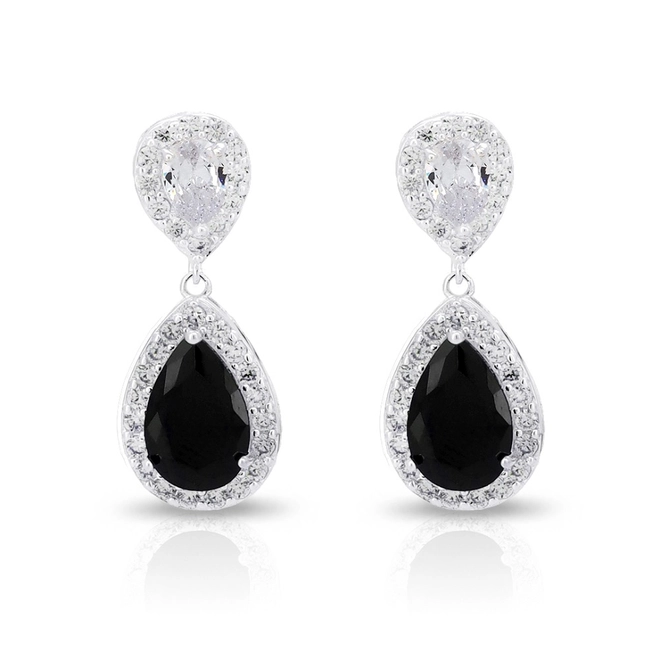 Brinco De Prata Leve Balanço com Gota de Zircônia Ônix e Zircônia Cristal