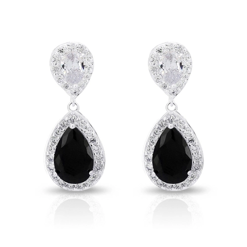 Brinco De Prata Leve Balanço com Gota de Zircônia Ônix e Zircônia Cristal