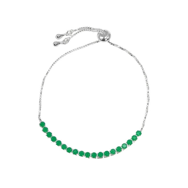 Pulseira de Prata Leve Riviéra com Zircônia Esmeralda Redonda e Fecho Regulável