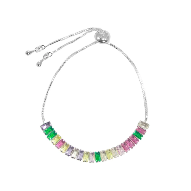 Pulseira de Prata Leve Riviéra com Zircônia Colorida Retangular e Fecho Regulável