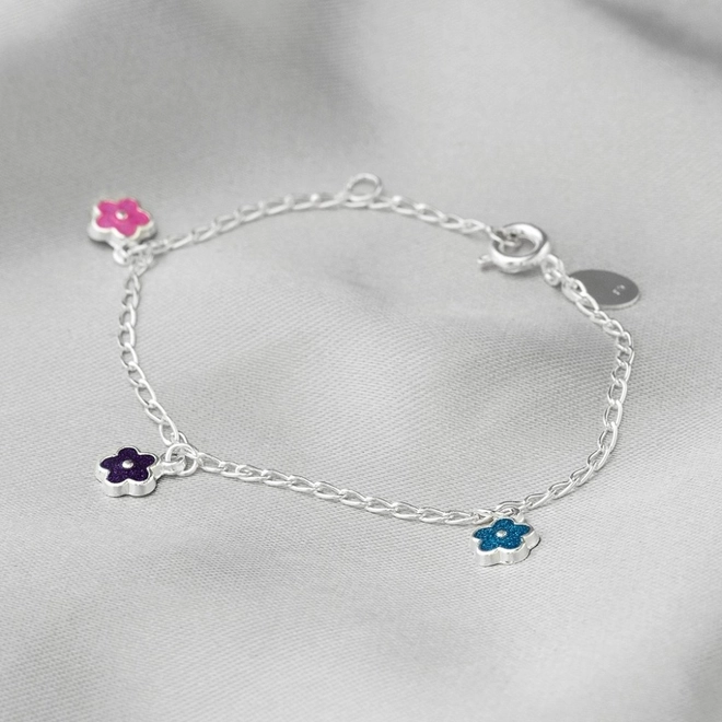 Pulseira de Prata Leve Infantil Flor Colorida Esmaltada
