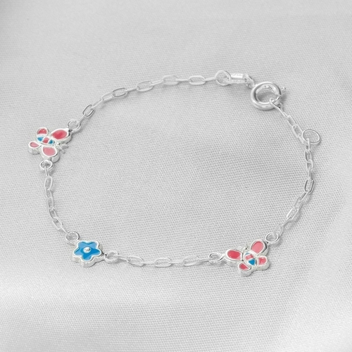 Pulseira de Prata Leve Infantil Esmaltada Borboleta e Flor