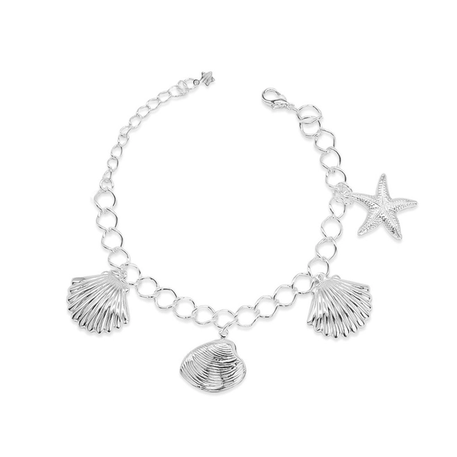 Pulseira de Prata Leve com Conchas e Estrela do Mar