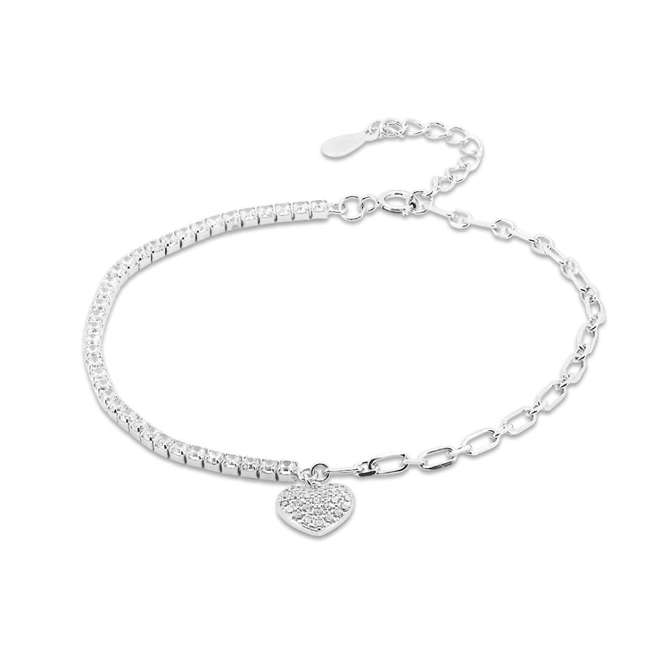 Pulseira de Prata Riviéra com Coração e Zircônias Cristal
