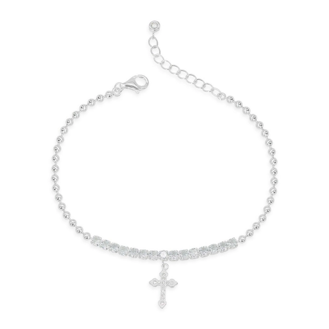 Pulseira de Prata Riviéra Esferas Espelhadas com Zircônias Cristal e Cruz