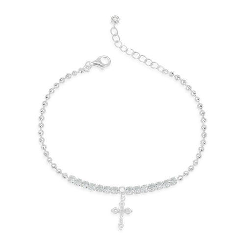 Pulseira de Prata Riviéra Esferas Espelhadas com Zircônias Cristal e Cruz