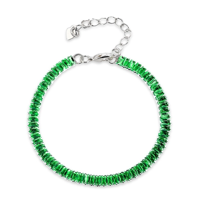 Pulseira De Prata Leve Riviéra Com Zircônia Esmeralda Retangular