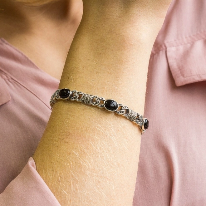 Pulseira de Prata com Resina Ônix Oval e Marcassita