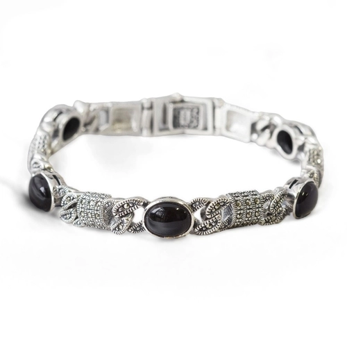 Pulseira de Prata com Resina Ônix Oval e Marcassita