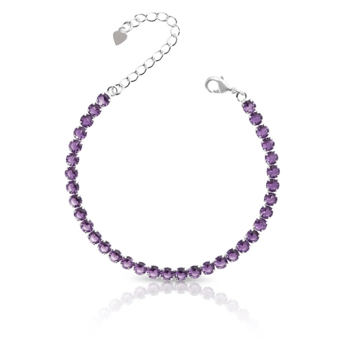Pulseira de Prata Leve Riviéra com Zircônia Ametista Redonda