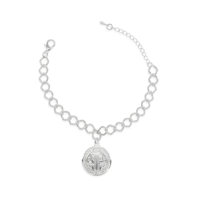 Pulseira de Prata Leve com Elos Trabalhados e Medalha de São Bento