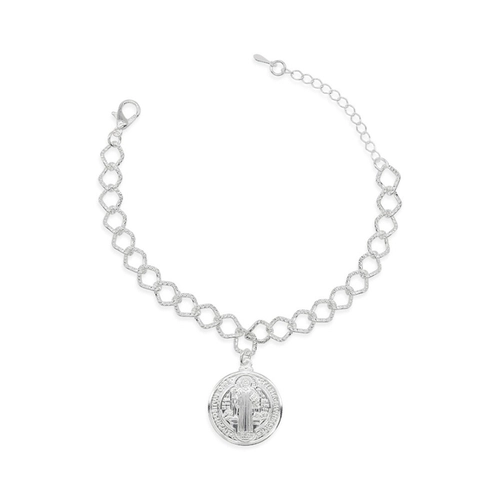 Pulseira de Prata Leve com Elos Trabalhados e Medalha de São Bento
