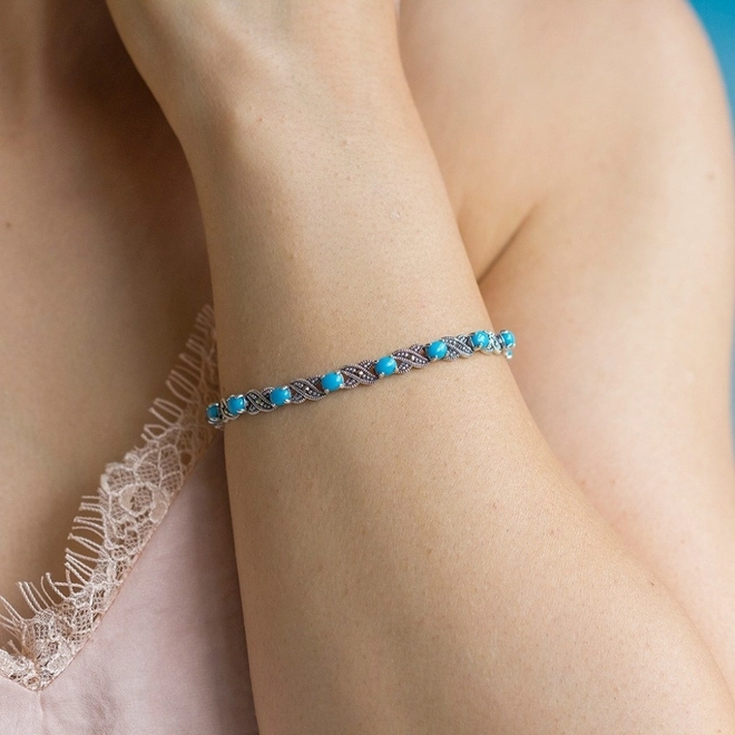 Pulseira de Prata com Resina Turquesa e Marcassita