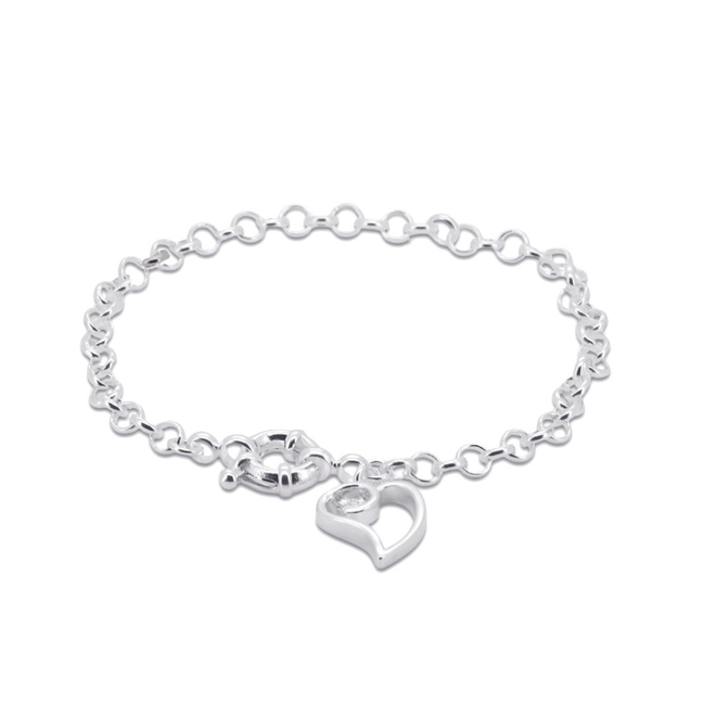 Pulseira De Prata Leve Portuguesa Com Coração Vazado e Zircônia Cristal
