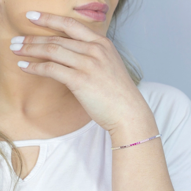 Pulseira de Prata Riviéra com Zircônia Colorida e Fecho Regulável