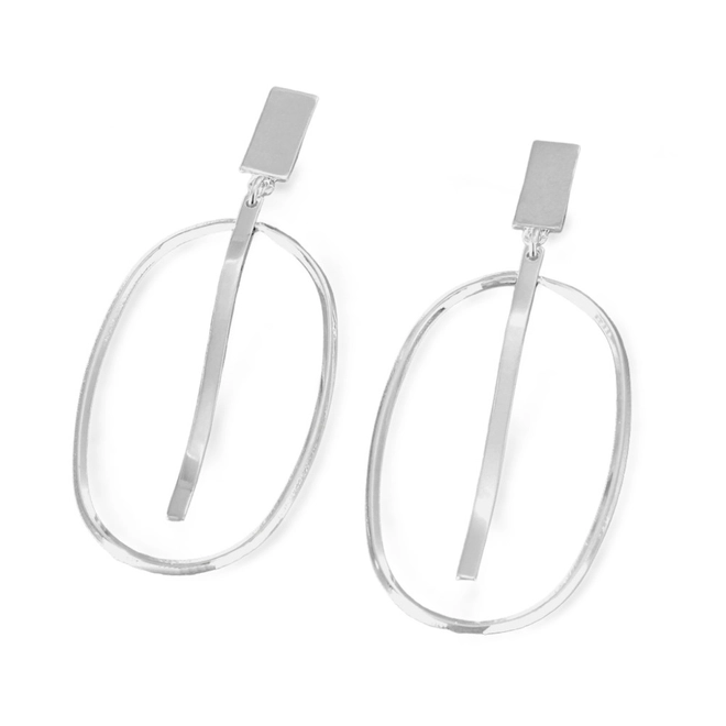 Brinco de Prata Leve Oval Vazado Fio Espelhado