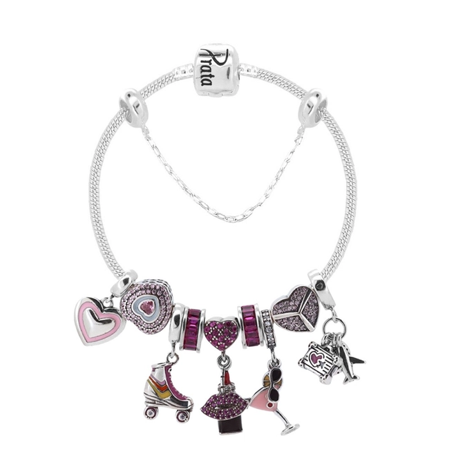 Pulseira De Prata Com Berloques Symbol no Tom Rosa