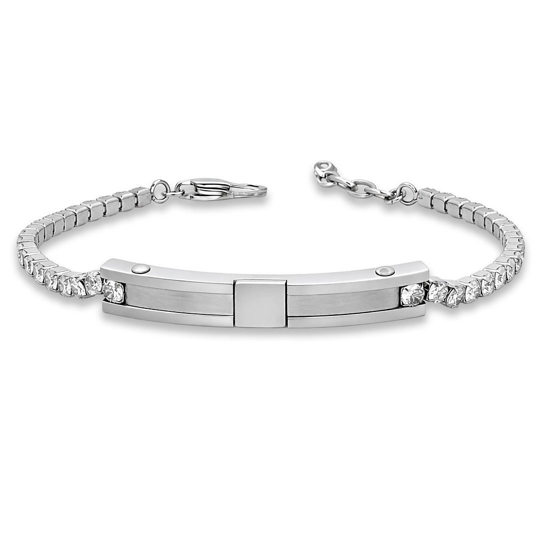 Pulseira Riviéra com Zircônias Cristal e Placa Fosca Trabalhada