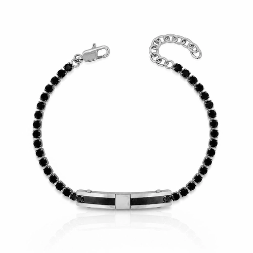 Pulseira Riviera Zircônia Ônix com Placa Espelhada e Fibra Carbonada
