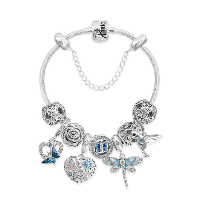 Pulseira de Prata com Berloques Symbol Primavera com Zircônia Azul e Zircônia Cristal