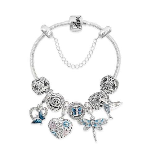 Pulseira de Prata com Berloques Symbol Primavera com Zircônia Azul e Zircônia Cristal