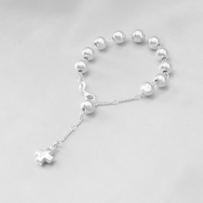 Pulseira de Prata Terço com Cruz Lisa Oca 7 mm