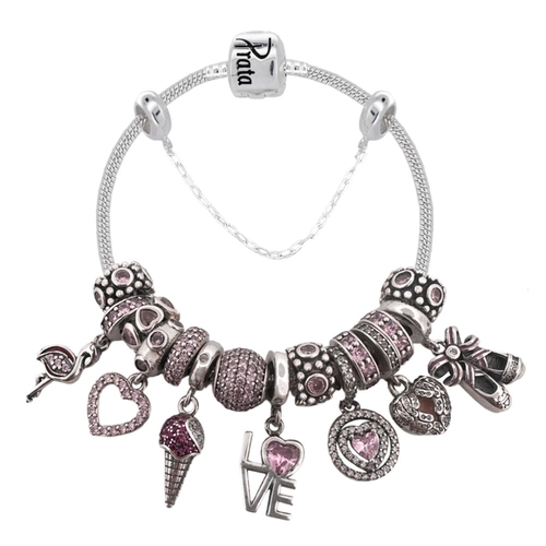 Pulseira De Prata com Berloques Variados Rosa