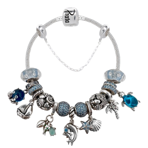 Pulseira De Prata com Berloques Azuis no Tema Mar