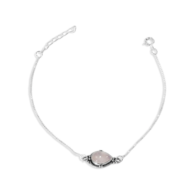Pulseira de Prata com Malha Veneziana e Quartzo Rosa