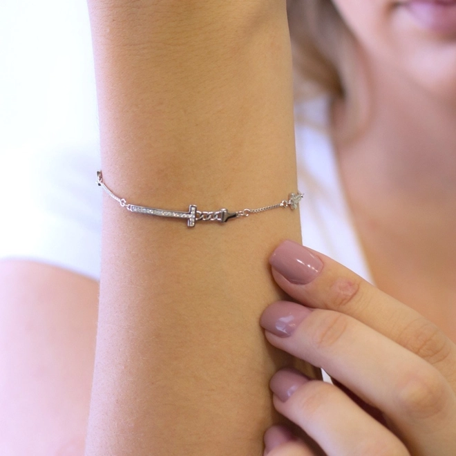 Pulseira de Prata Cruz Espelhada com Zircônias