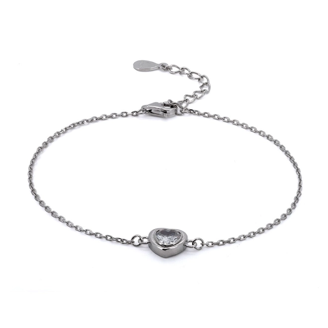 Pulseira de Prata Com Coração de Zircônia Cristal
