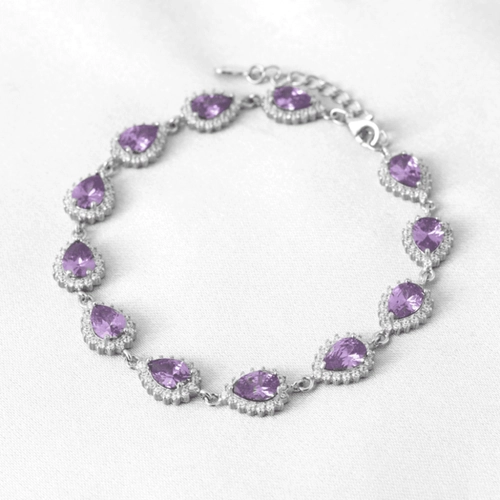 Pulseira de Prata Zircônia Ametista Gota e Zircônia Cristal