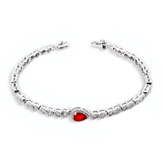 Pulseira de Prata com Gota de Zircônia Rubi e Zircônia Cristal