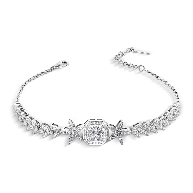 Pulseira de Prata com Flor e  Zircônias Cristal