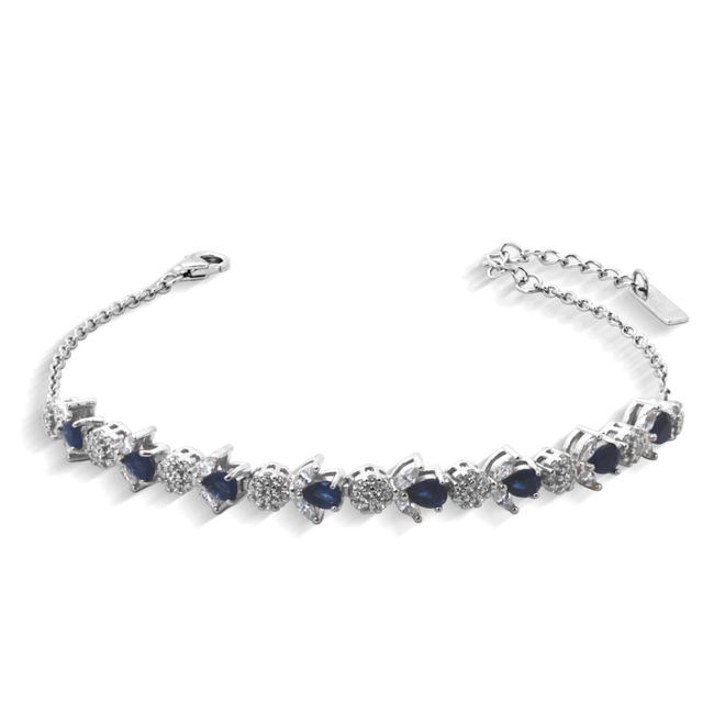 Pulseira de Prata Flores com Gotas em Zircônia Safira