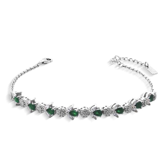 Pulseira de Prata Flores com Zircônia Esmeralda e Zircônia Cristal