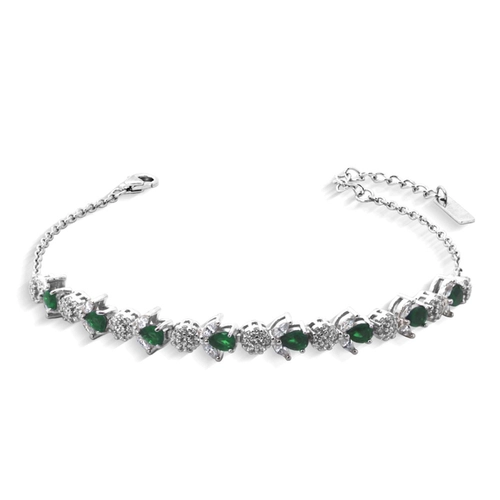 Pulseira de Prata Flores com Zircônia Esmeralda e Zircônia Cristal