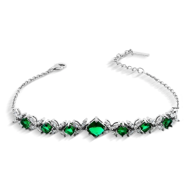 Pulseira de Prata com Losango de Zircônia Esmeralda e Zircônia Cristal
