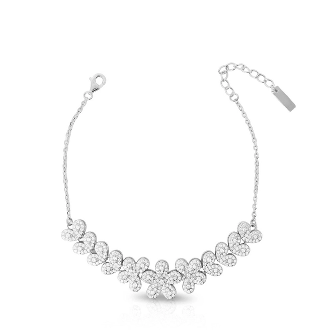 Pulseira de Prata com Flores em Zircônias Cristal